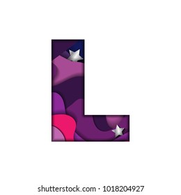 Letter L in paper cut style. Realistic cosmic papercut design of alphabet symbol on white background. Colorful multi layers 3D effect. Font element for festive or greeting card. Vector illustration.