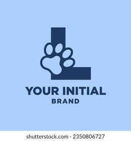 letter L paw print dog foot silhouette in negative space initial vector logo design