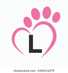 Letter L Pet Logo Design Concept With Paw and Heart Symbol Vector