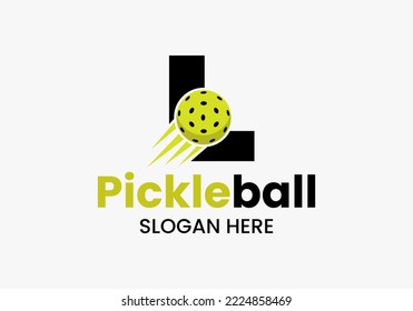 Letter L Pickleball Logo Concept With Moving Pickleball Symbol. Pickle Ball Logotype Vector Template