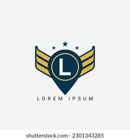 Letter L Pin and wings initial shield with wings logo design