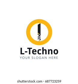 Letter L Pixel Logo Design Template With Yellow Circle Isolated on White Background. Vector Illustration