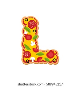 Letter L pizza font. Italian meal alphabet. Lettring fast food
