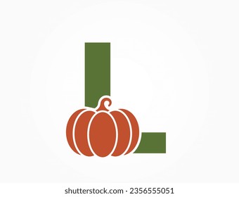 letra l con calabaza. logotipo creativo del alfabeto vegetal y de alimentos orgánicos. cosecha y diseño agrícola. símbolo de halloween. imagen vectorial aislada