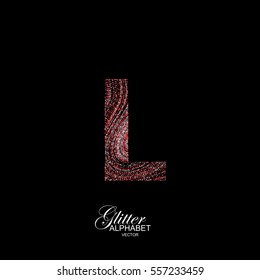 Letter L of red and silver glitters. Typographic vector element for design. Part of curly textured alphabet with shiny paillettes. Letter L with diffusion glitter swirly pattern. Vector illustration