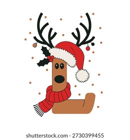 Letter L reindeer monogram, brown wooden style, Santa hat, scarf, holly, antlers, cute Christmas alphabet, decorative vector