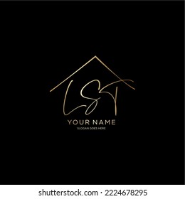 the letter L, S and T logo with a house combination. initials LST with a combination of a gold house shape on a black background