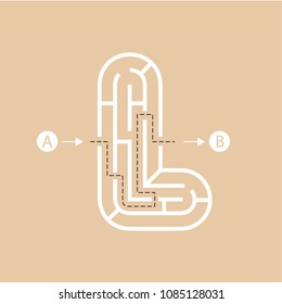 Letter L shape Maze Labyrinth, maze with one way to entrance and one way to exit. Flat design, vector illustration.