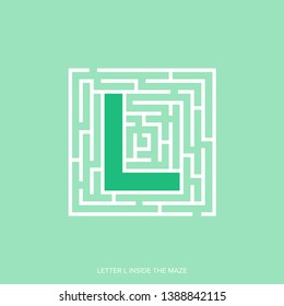 Letter L shape Maze Labyrinth, maze with one way to entrance and one way to exit. Flat design, vector illustration.