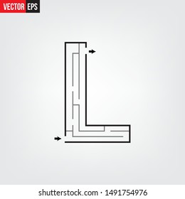 Letter L shape Maze Labyrinth, maze with one way to entrance and one way to exit. Flat design, vector illustration.