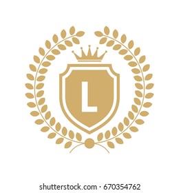 letter L with shield and crown heraldic logo