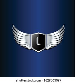 letter L shield with wings gold color logo design concept template vector 3d heraldic shield and wings logo gold / silver emblem