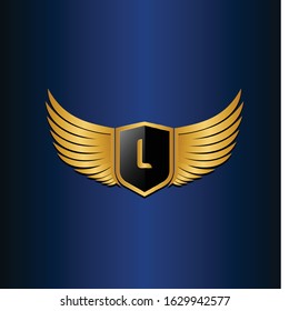 letter L shield with wings gold color logo design concept template vector 3d heraldic shield and wings logo gold / silver emblem