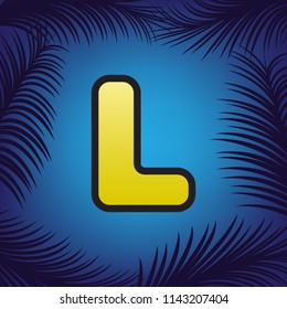 Letter L sign design template element. Vector. Golden icon with black contour at blue background with branches of palm trees.