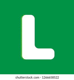 Letter L sign design template element. Vector. White flat icon with yellow striped shadow at green background.