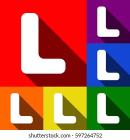 Letter L sign design template element. Vector. Set of icons with flat shadows at red, orange, yellow, green, blue and violet background.