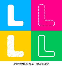 Letter L sign design template element. Four styles of icon on four color squares.