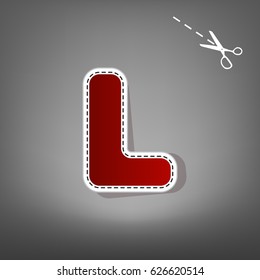 Letter L sign design template element. Vector. Red icon with for applique from paper with shadow on gray background with scissors.