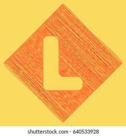 Letter L sign design template element. Vector. Red scribble icon obtained as a result of subtraction rhomb and path. Royal yellow background.