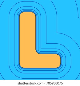 Letter L sign design template element. Vector. Sand color icon with black contour and equidistant blue contours like field at sky blue background. Like waves on map - island in ocean or sea.