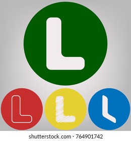 Letter L sign design template element. Vector. 4 white styles of icon at 4 colored circles on light gray background.