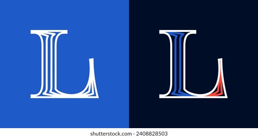 Letter L sport logo. Blue and red lines font. Patriotic emblem for Independence or Veterans Day. Serif type for college baseball team, basketball uniform, vintage style headlines, motorcycle magazine.