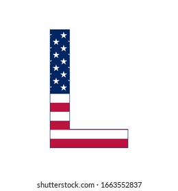 Letter L with stars and stripes. American flag lettering font.
Vector USA national flag style letter L.
Patriotic american element for poster, card, banner and background. 