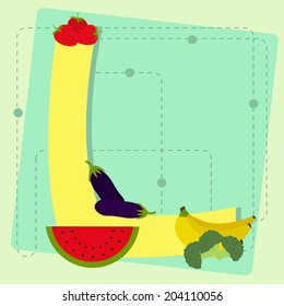 Letter "L" from stylized alphabet with fruits and vegetables: strawberry, eggplant, watermelon, banana, broccoli