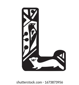 Letter L. Stylized: ferret, bird, berries, patterns inside the letter. Black and white vector illustration. Separate on a white background.