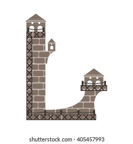 The letter "L" in a stylized form of a stone lighthouse. On top is an observation deck with a fence and chains.