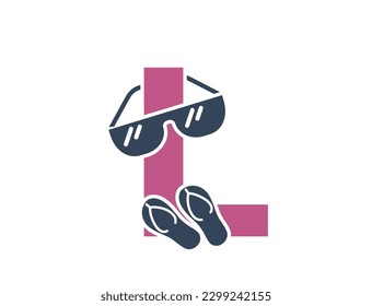 letter l with sunglasses and flip flops. creative vacation and resort alphabet logotype. summer tourism design. isolated vector image