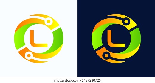 Letter L technology logo with circles and circuit board lines with letter L inside for digital, data, connection in green and orange gradient colors