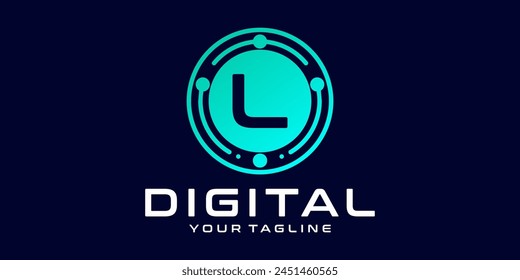 letter L technology logo. Digital font vector design for industry with circuit circles and dots, for digital, technology,data