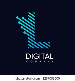 Letter L technology vector logo with gradient color blue. Design with dot, connect and speed symbol. This logo is suitable for industrial, automotive and business.