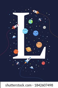 The letter L with the theme of outer space for Children. Letter graphic vector illustration for kids on outer space theme. space kids, letters for children.