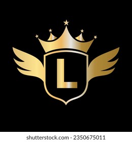 Letter L Transportation Logo With Wing, Shield And Crown Icon. Wing Logo On Shield Symbol
