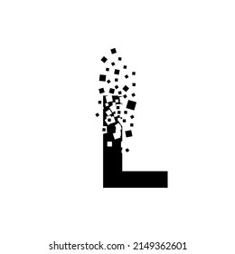 The letter L turns into a cloud of squares of different sizes.