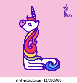 Letter "L" unicorn. Written by unicorns. Letter in the style of the unicorn. Fairytale font. Multicolored mane. Trend print on a T-shirt. Metal pin. Unicorn alphabet.