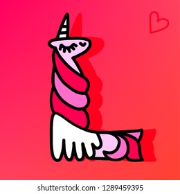Letter "L" unicorn. Written by unicorns. Letter in the style of the unicorn. Fairytale font. Pink mane. Trend print on a T-shirt. Metal pin. Unicorn alphabet.