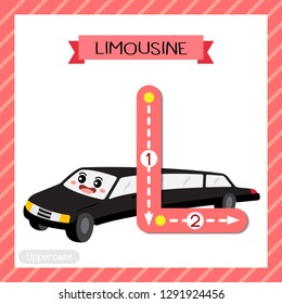 Letter L uppercase cute children colorful transportations ABC alphabet tracing flashcard of Limousine for kids learning English vocabulary and handwriting Vector Illustration.