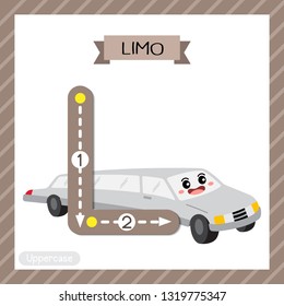 Letter L uppercase cute children colorful transportations ABC alphabet tracing flashcard of Limo for kids learning English vocabulary and handwriting Vector Illustration.