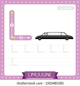 Letter L uppercase cute children colorful transportations ABC alphabet tracing practice worksheet of Limousine for kids learning English vocabulary and handwriting Vector Illustration.