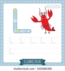Letter L uppercase cute children colorful zoo and animals ABC alphabet tracing practice worksheet of Lobster for kids learning English vocabulary and handwriting vector illustration.