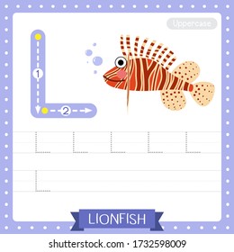 Letter L uppercase cute children colorful zoo and animals ABC alphabet tracing practice worksheet of Lionfish for kids learning English vocabulary and handwriting vector illustration.