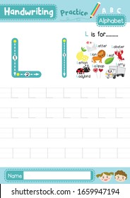 Letter L uppercase and lowercase cute children colorful ABC alphabet trace practice worksheet for kids learning English vocabulary and handwriting layout in A4 vector illustration.