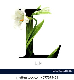 Letter L vector alphabet with lily flower. ABC concept type as logo. Typography design