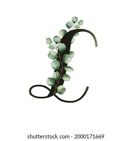 Letter L vector illustration with eucalyptus leaves. Floral alphabet. Monogram initials are perfect for wedding invitations, greeting card, logo, poster. Festive design.