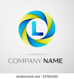 Letter L vector logo symbol in the colorful circle on grey background. Vector template for your design