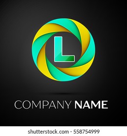 Letter L vector logo symbol in the colorful circle on black background. Vector template for your design