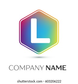 Letter L vector logo symbol in the colorful hexagonal on grey background. Vector template for your design